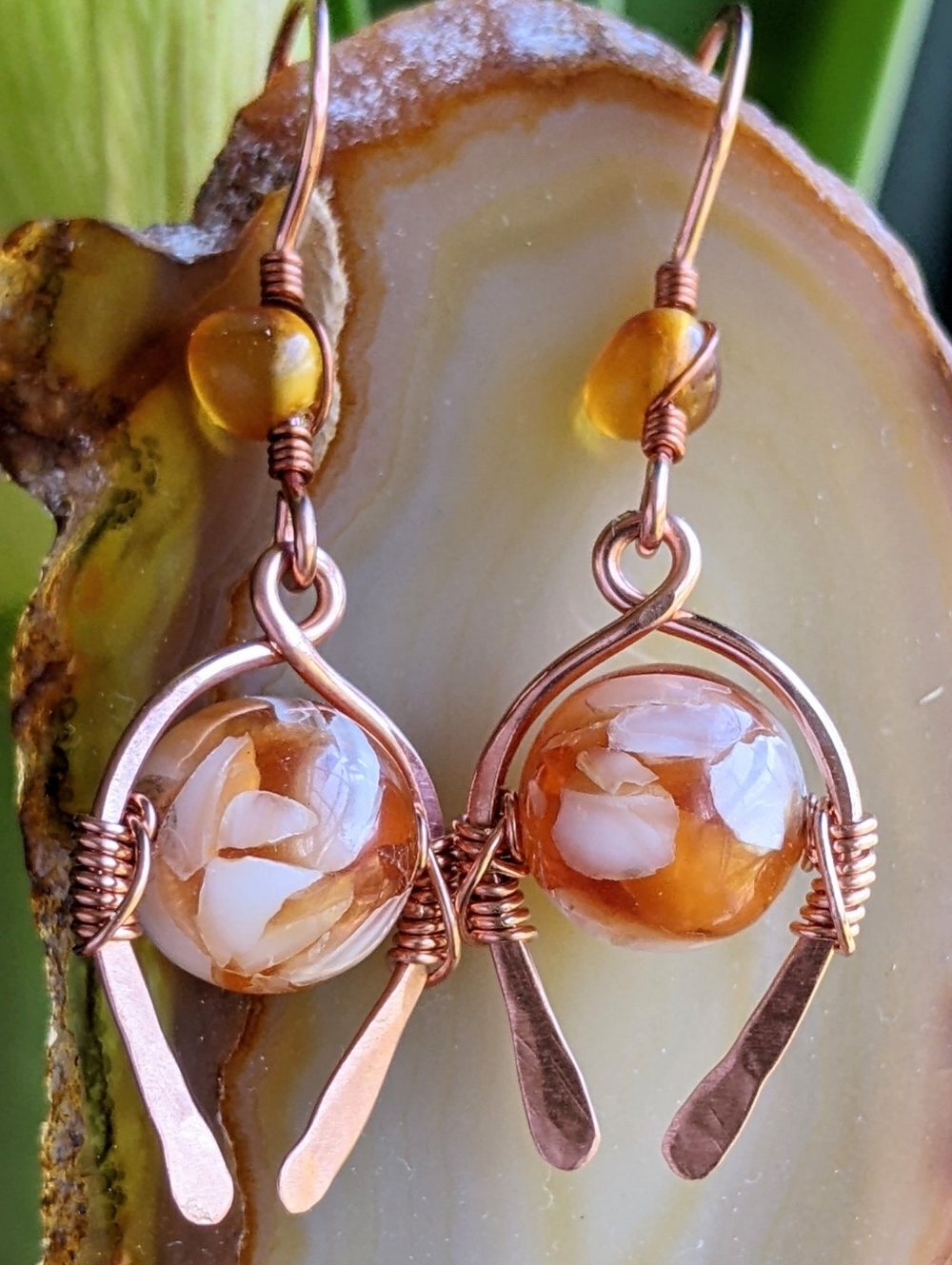 Southwestern Amber Earrings Genuine Copper Artisan Crafted Jewelry - Picture 9 of 11